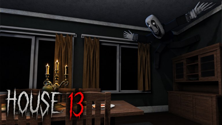 HOUSE 13 dining room with candles, dark windows, and a ceiling threat overhead